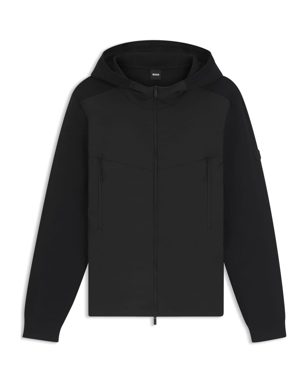 Boss Black Solid Patterned Hooded Ribbed Cuff Rain Jacket With Logo Badge for men