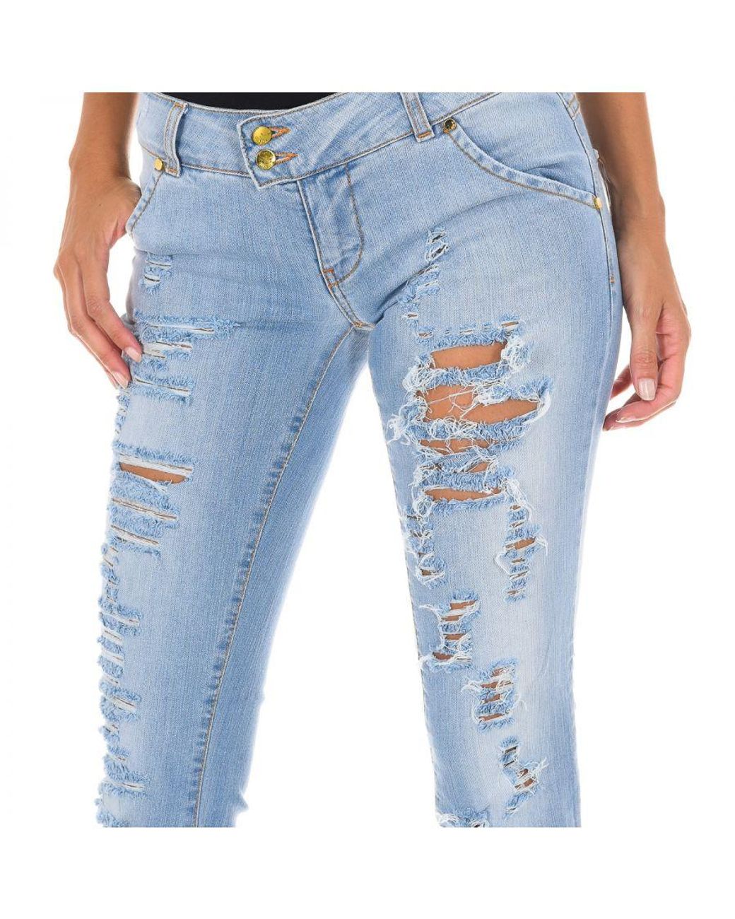 Met Blue Long Denim Pants Worn And Torn Effect 10Dbf0094
