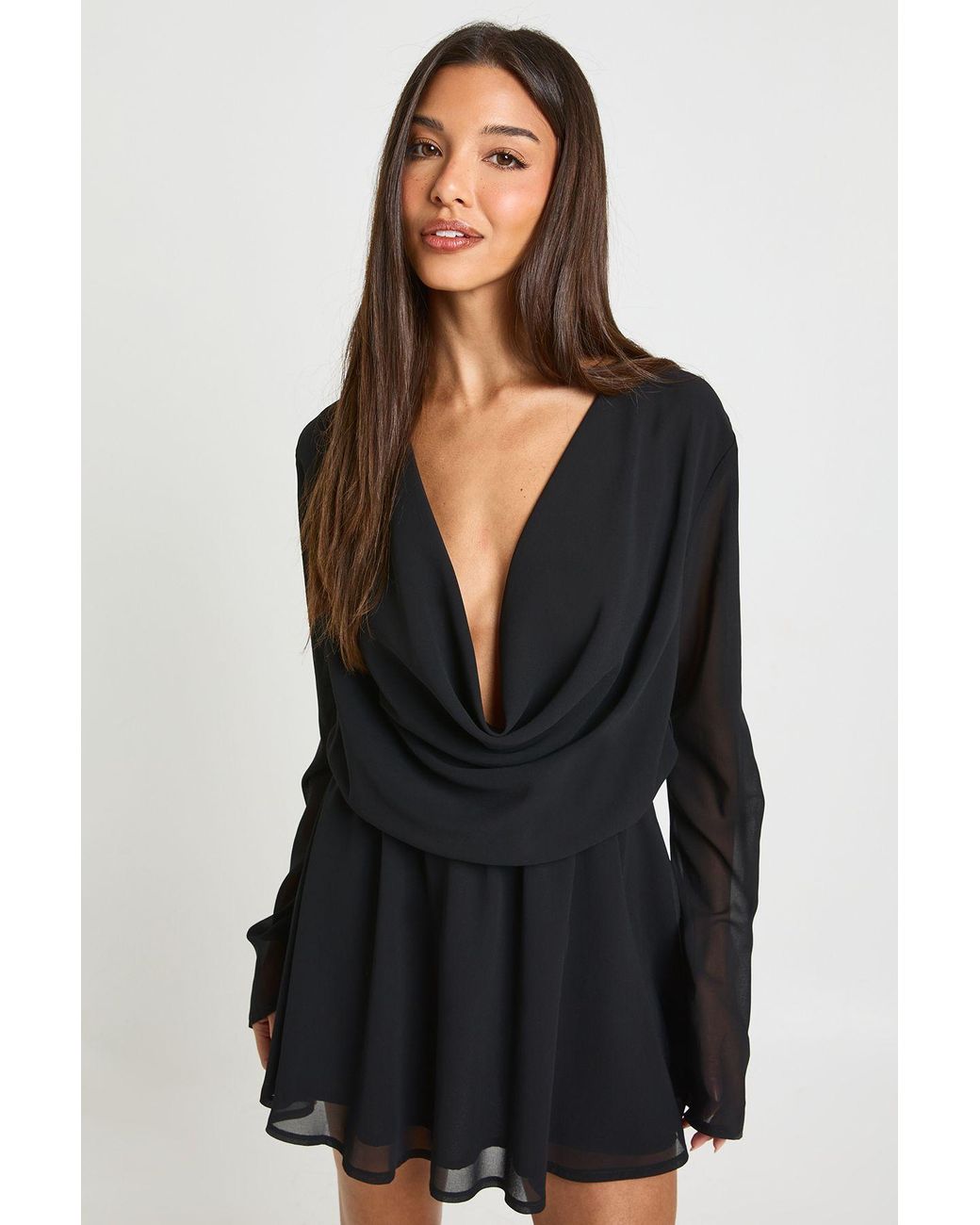 Boohoo Black Chiffon Deep Cowl Mini Dress