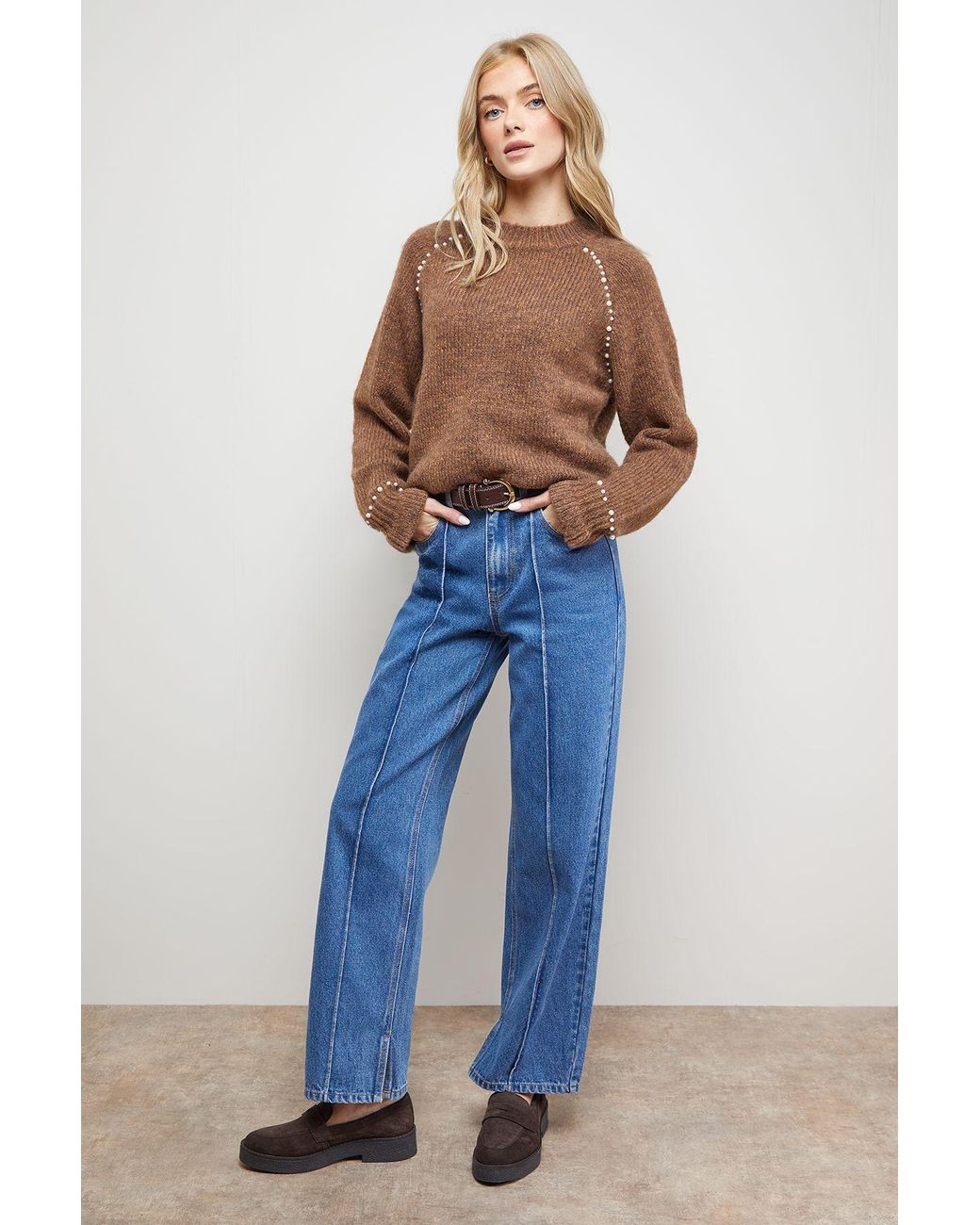 Oasis Blue Pearl Detail Frill Cuff Jumper