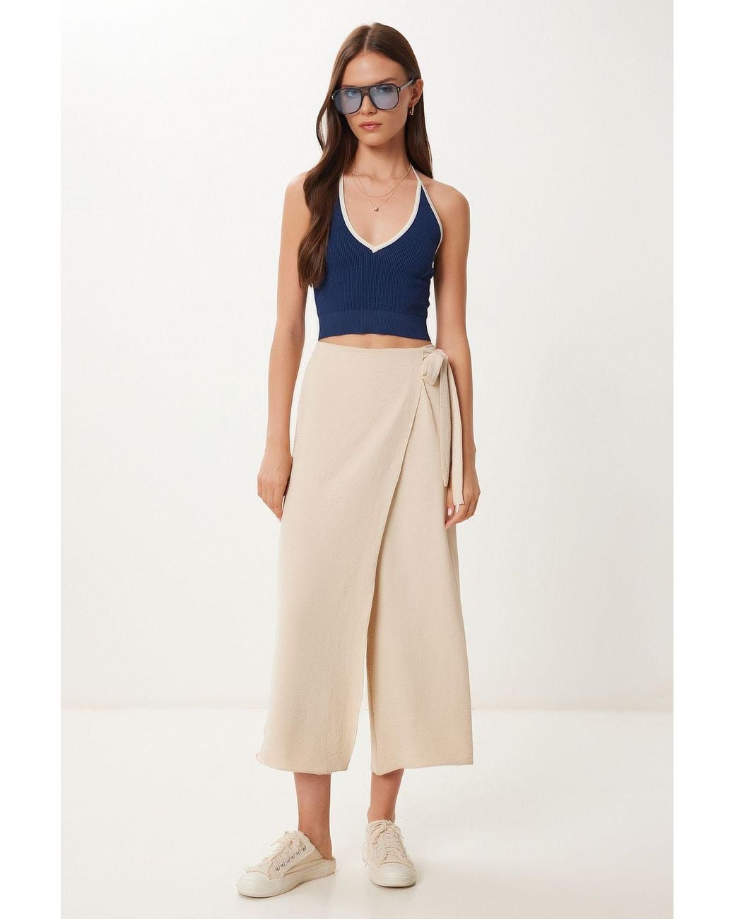 Happiness İstanbul Blue High Waist Wide Leg Crop Pants With Tie Detail
