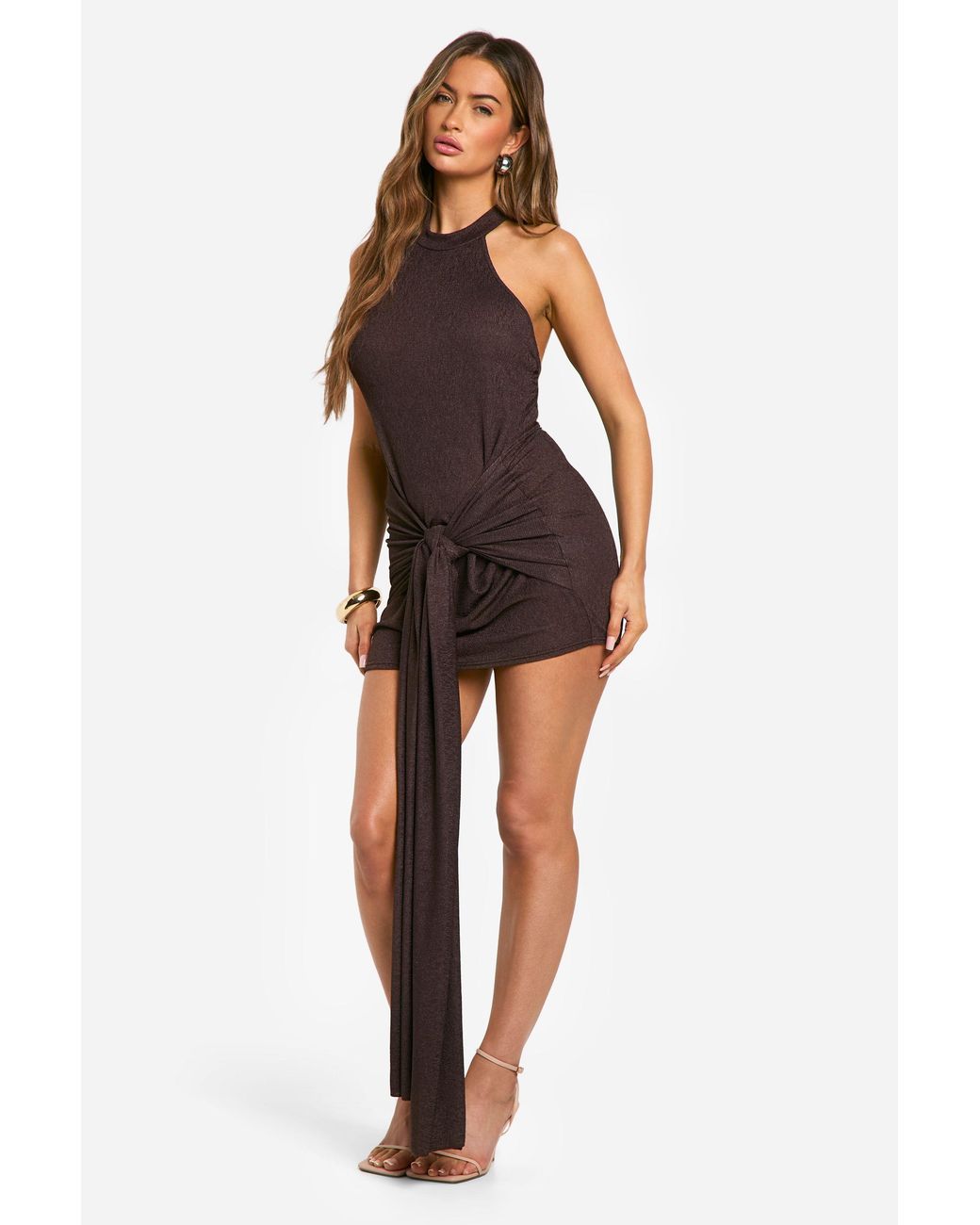 Boohoo Brown Textured Halterneck Mini Dress