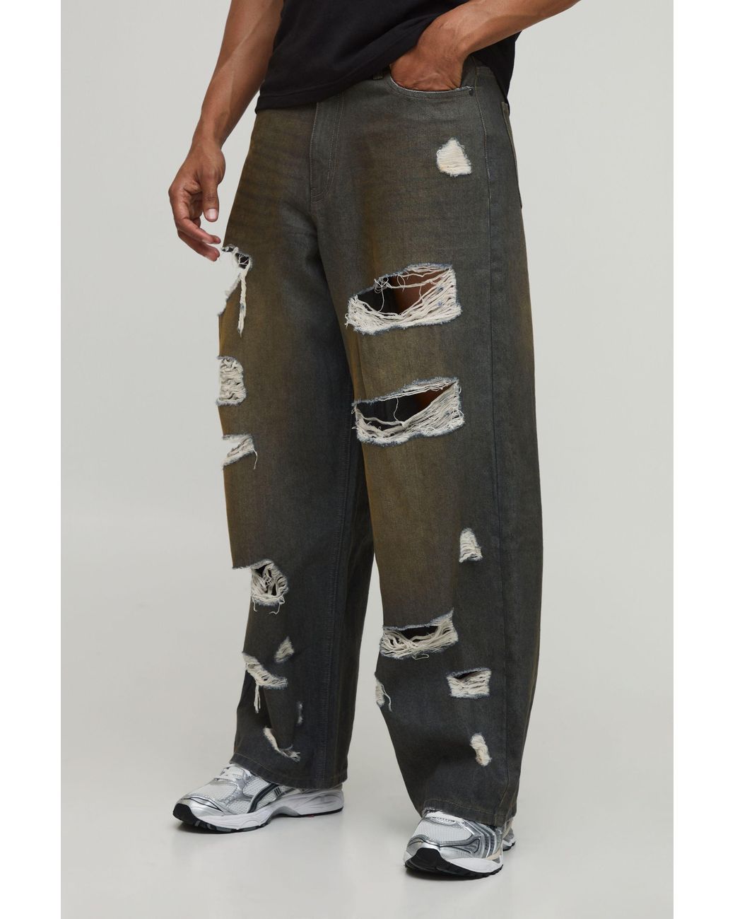 BoohooMAN Black Tinted Extreme Ripped Baggy Fit Jeans for men
