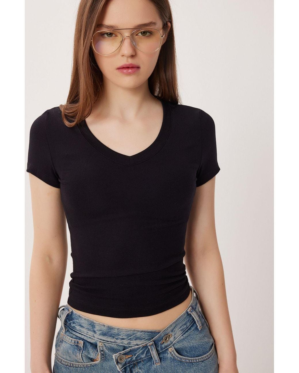 Happiness İstanbul Blue Basic V-Neck Cotton Blend T-Shirt