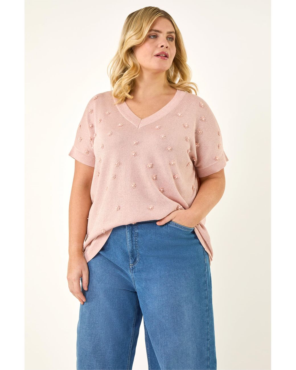 Roman Blue Curve Faux Pearl Embellished Top