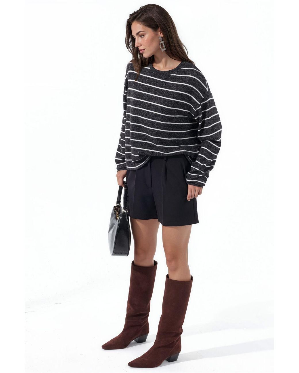 Busem Black Striped Ribbed Crew Neck Sweater