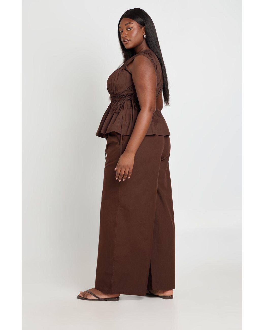 Boohoo Brown Plus Cotton Poplin Drawstring Wide Leg Trousers