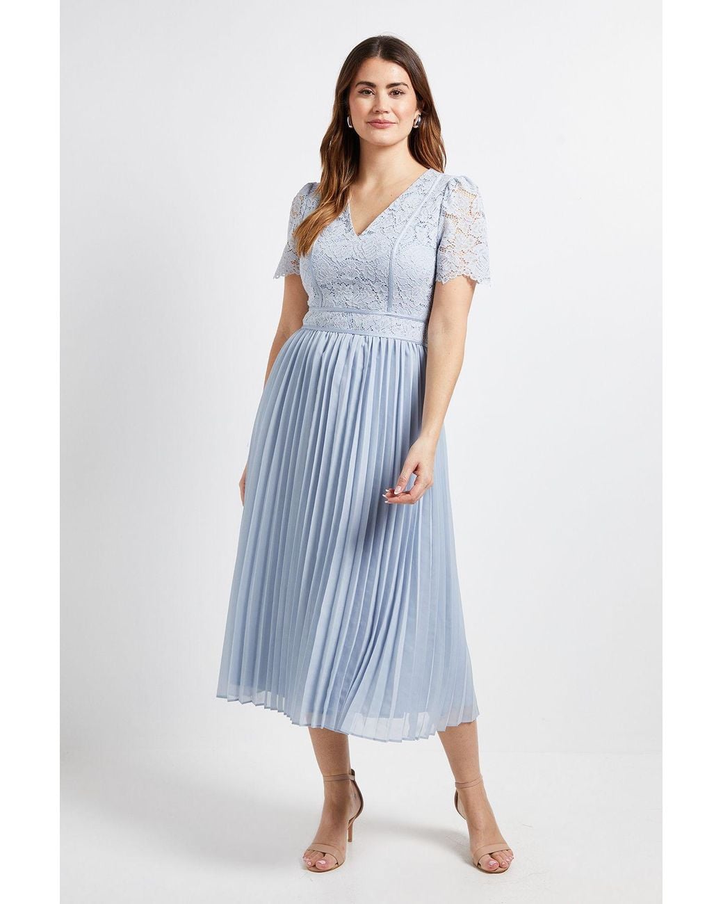 Wallis Blue Lace Pleated Midi Dress