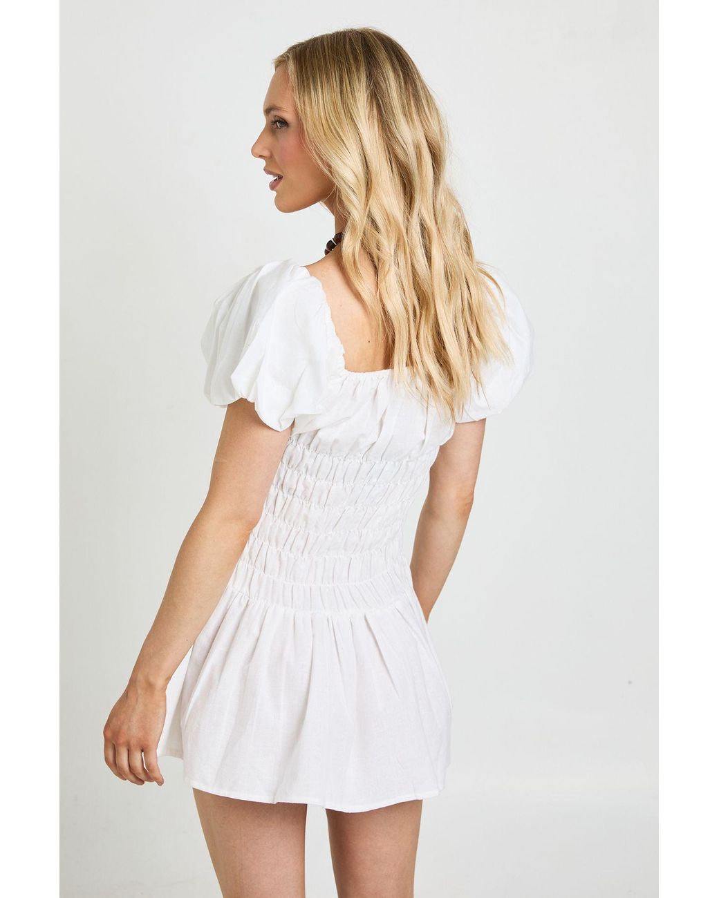 Boohoo White Petite Linen Look Puff Sleeve Shirred Maxi Dress