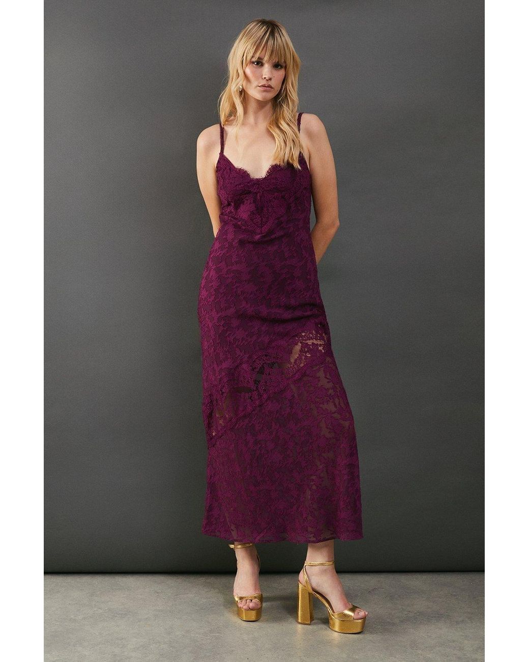 Warehouse Burnout Strappy Lace Insert Cami Slip Midi Dress in Purple Lyst UK