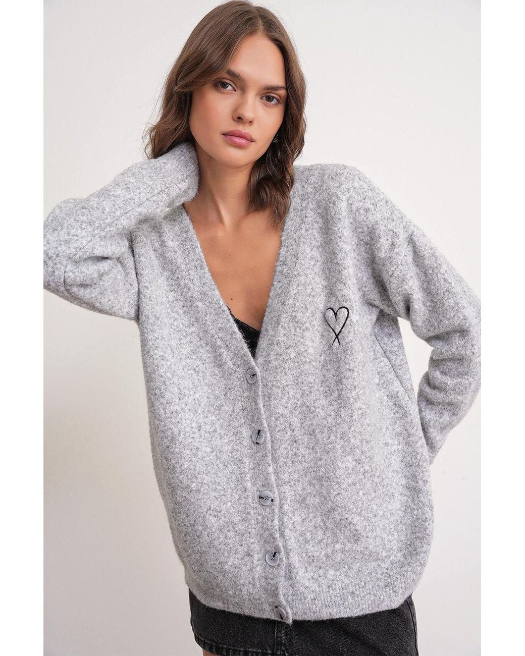 MixRay Gray Oversized Knit Cardigan With Heart Detail