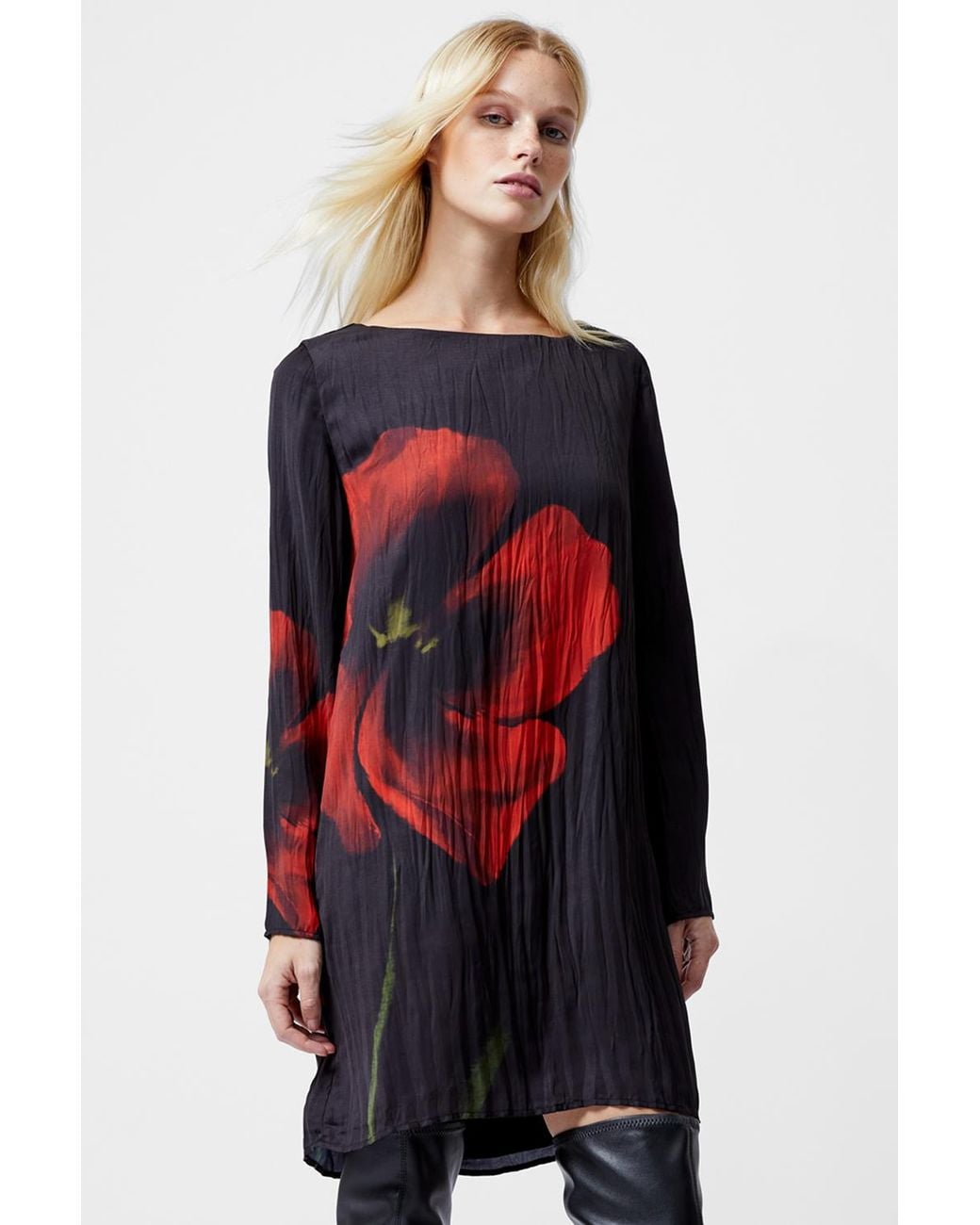 French Connection Red Oversized Long Sleeve Chiffon Floral Mini Dress
