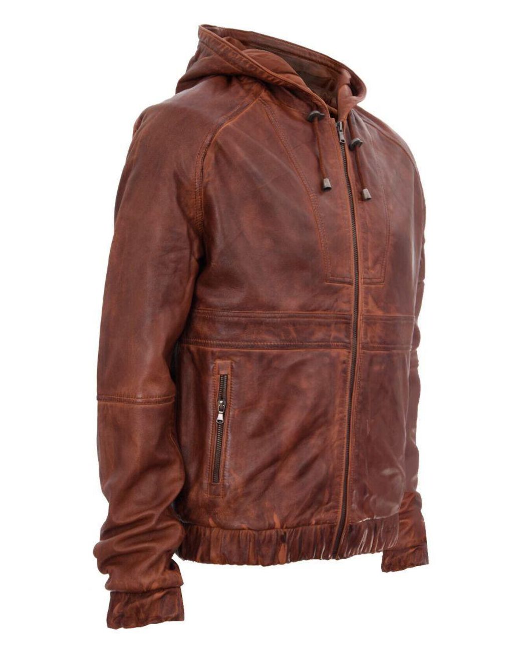 Infinity Leather Red Zipped Hooded Bomber Biker Jacket for men