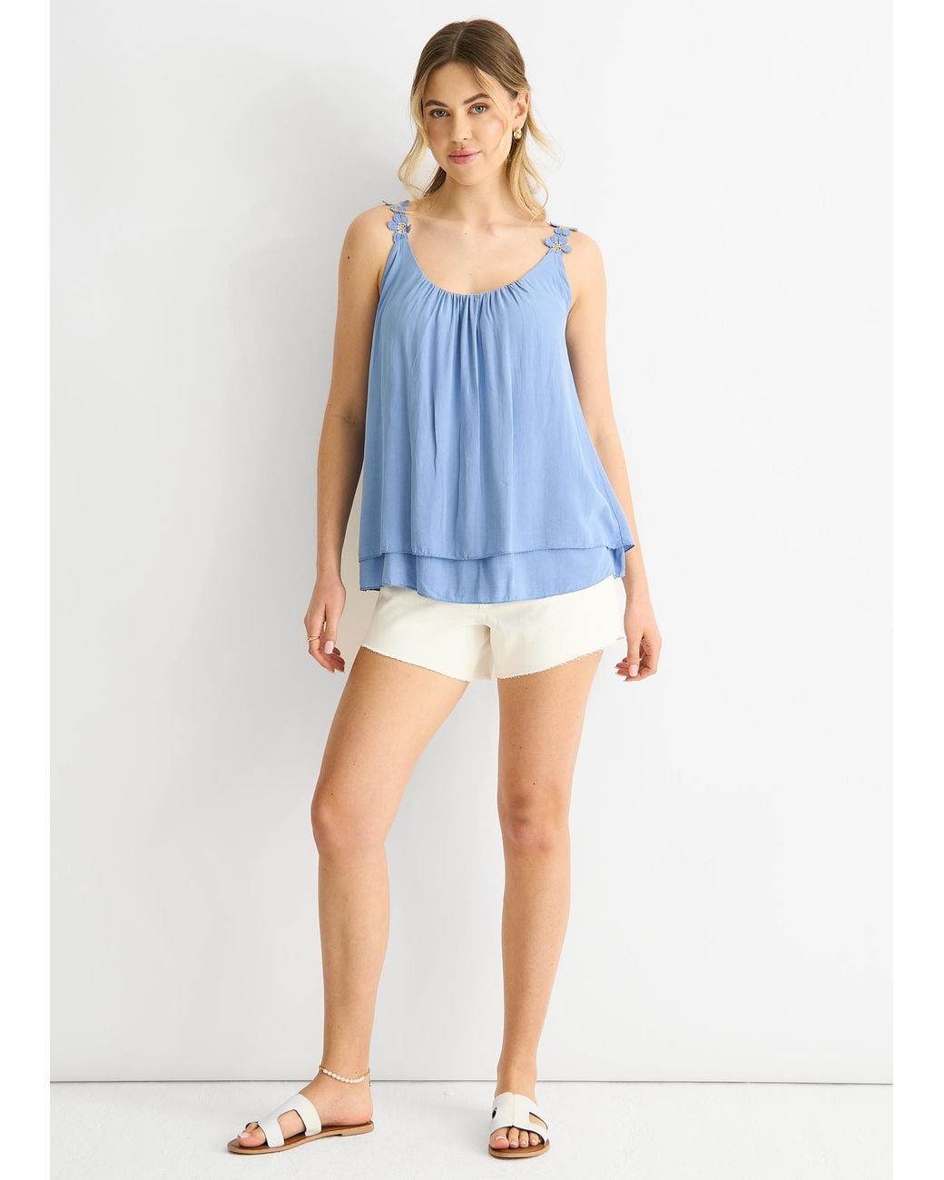 Gini London Blue Denim Floral Straps Oversized Top