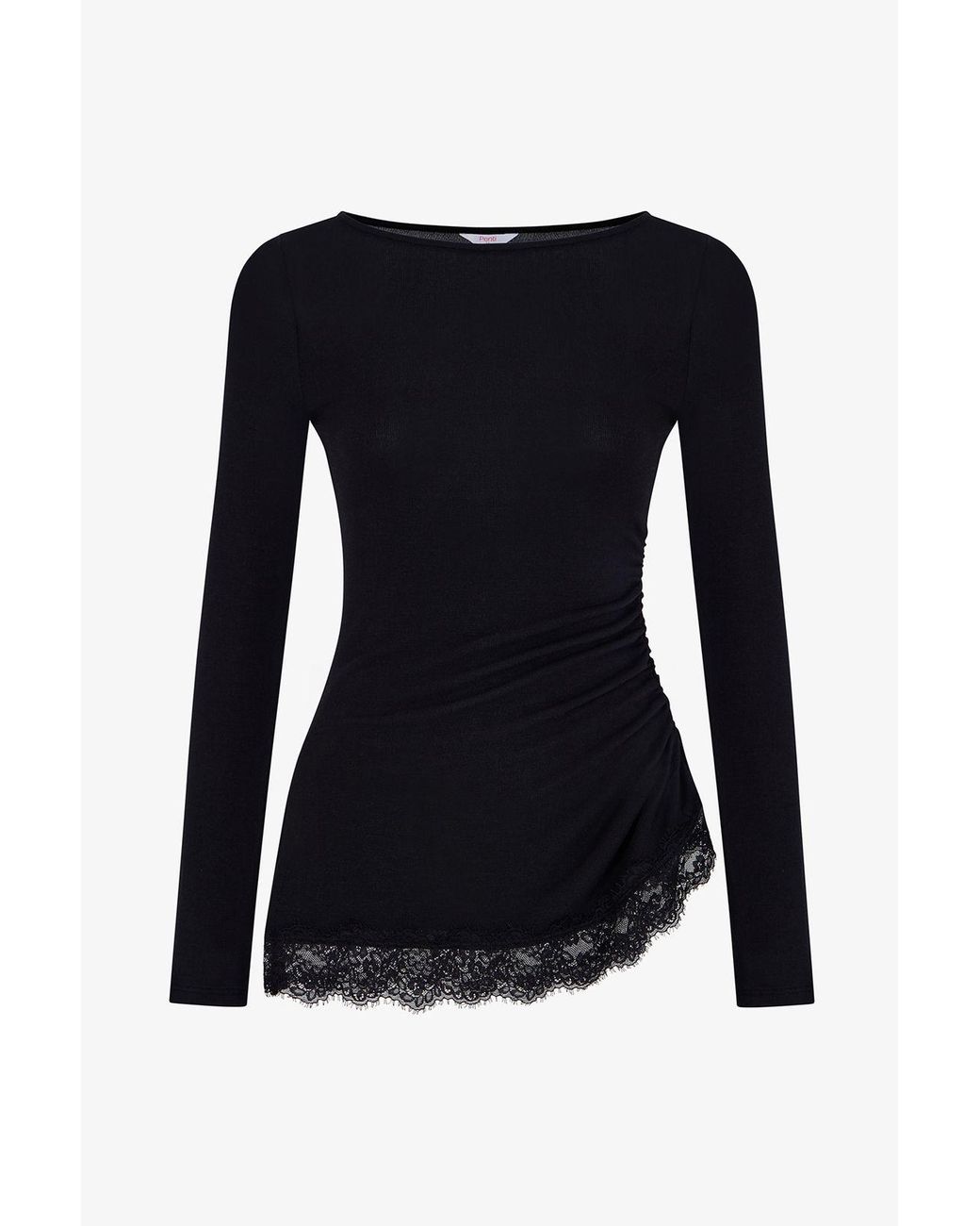 Penti Black Asymmetric Lace-Detail Long-Sleeve Blouse