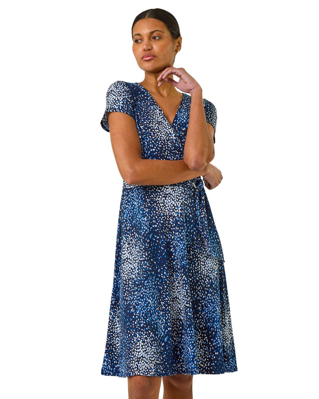 Roman Blue Abstract Wrap Detail Stretch Dress