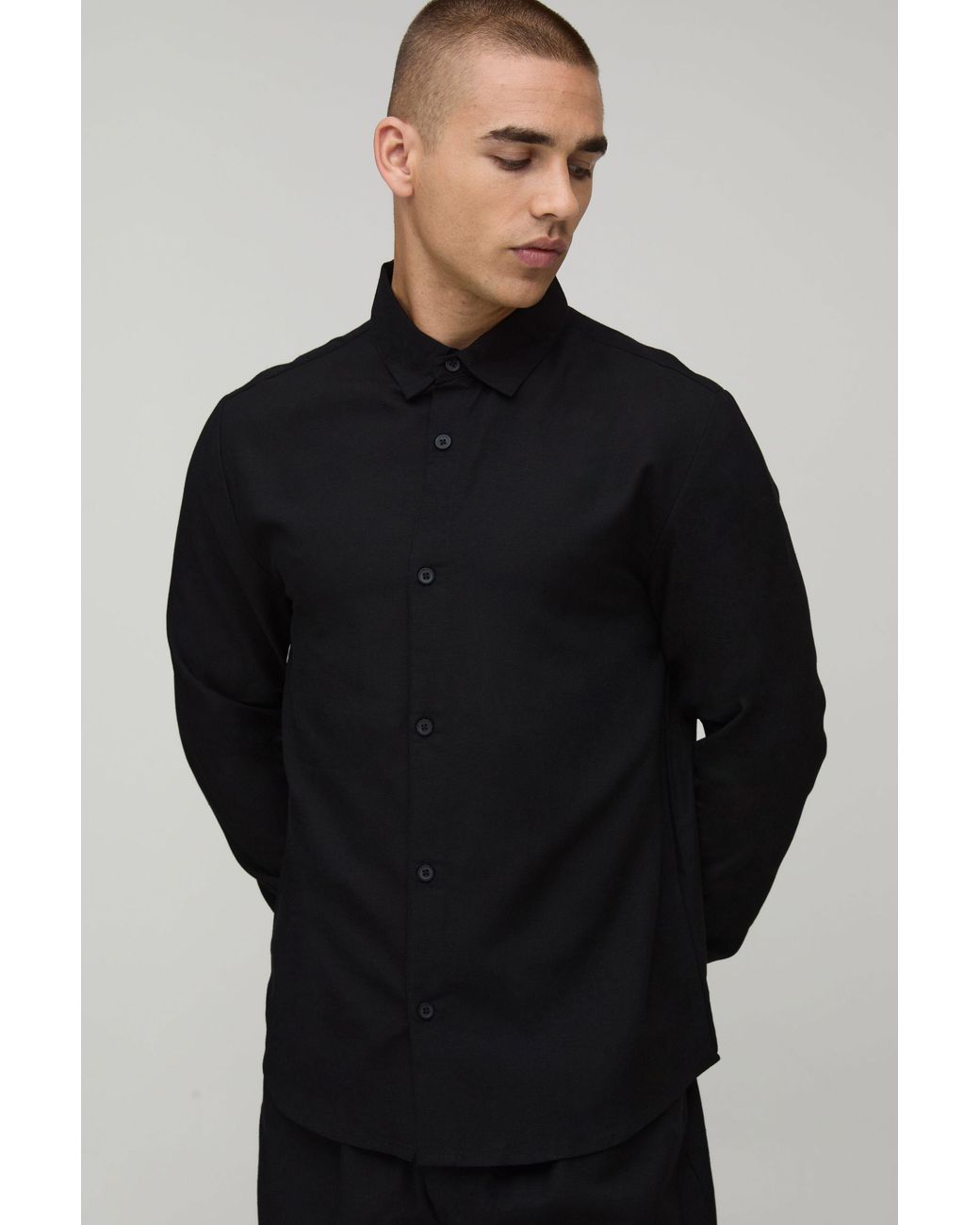 BoohooMAN Black Regular Fit Long Sleeve Linen Blend Shirt for men