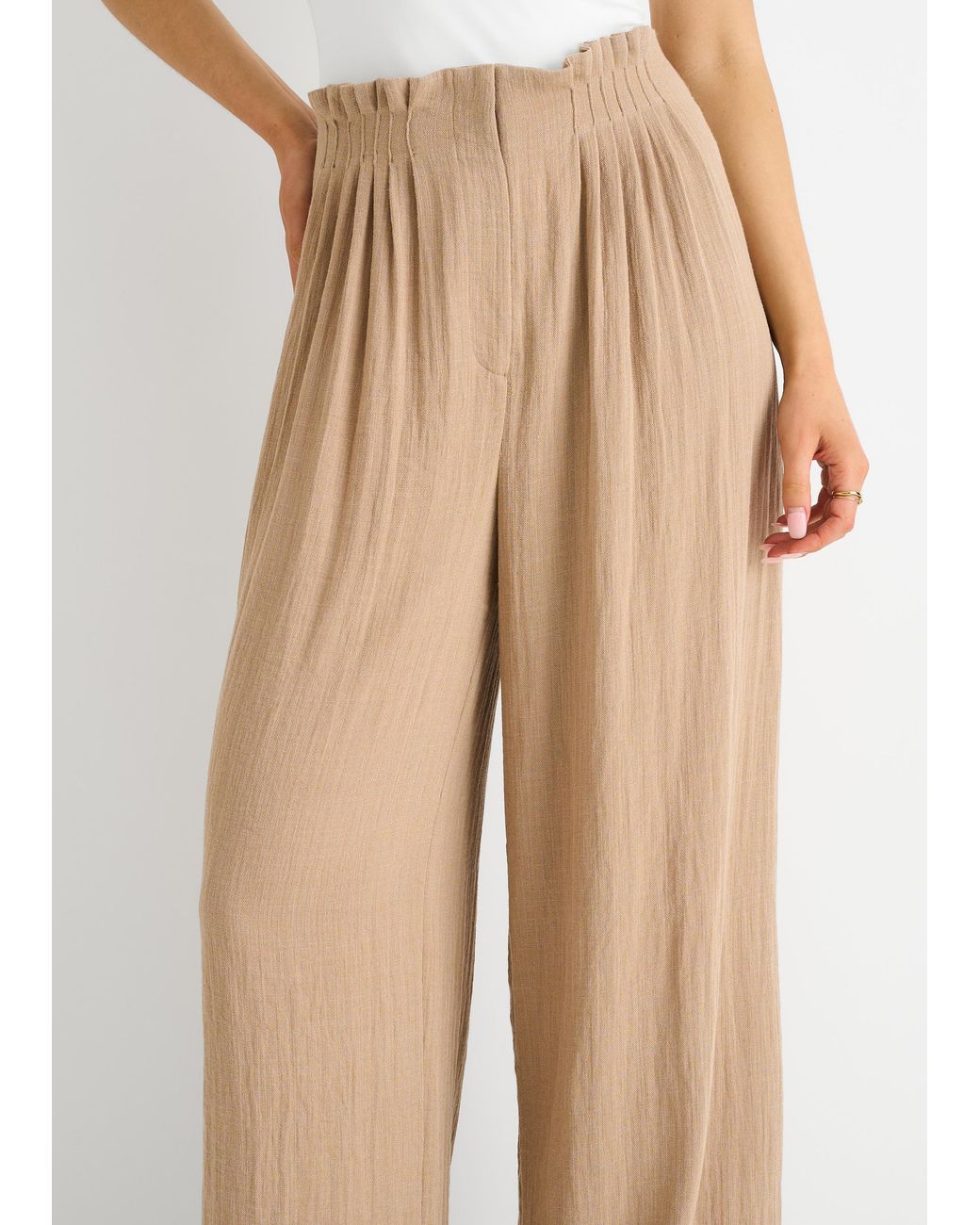 Gini London Natural Paperbag Waist Wide Leg Trousers