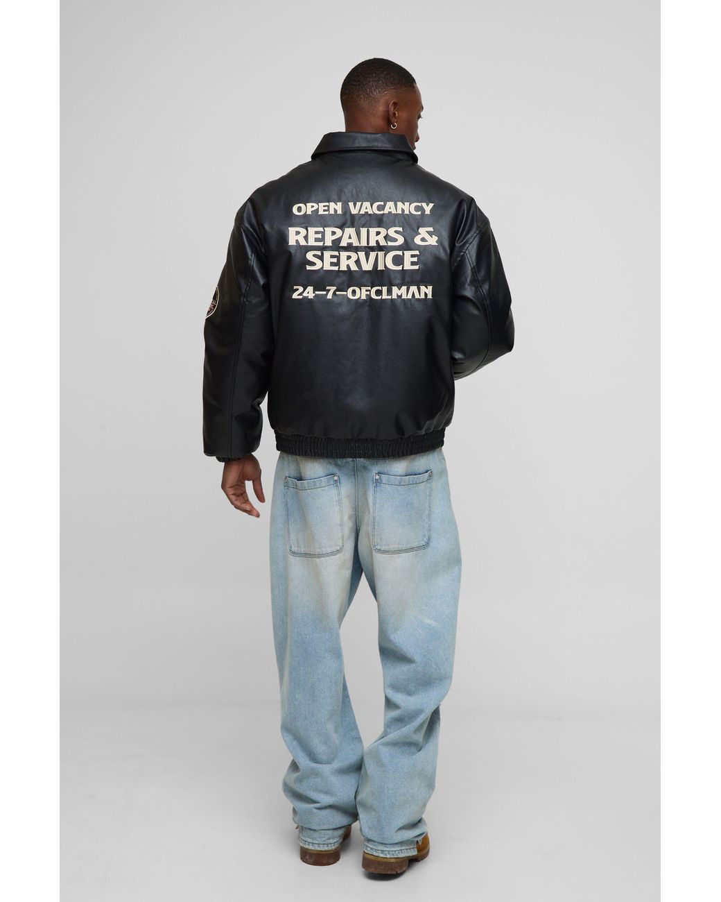 BoohooMAN Black Oversized Fit Badge Applique Collared Bomber Jacket for men