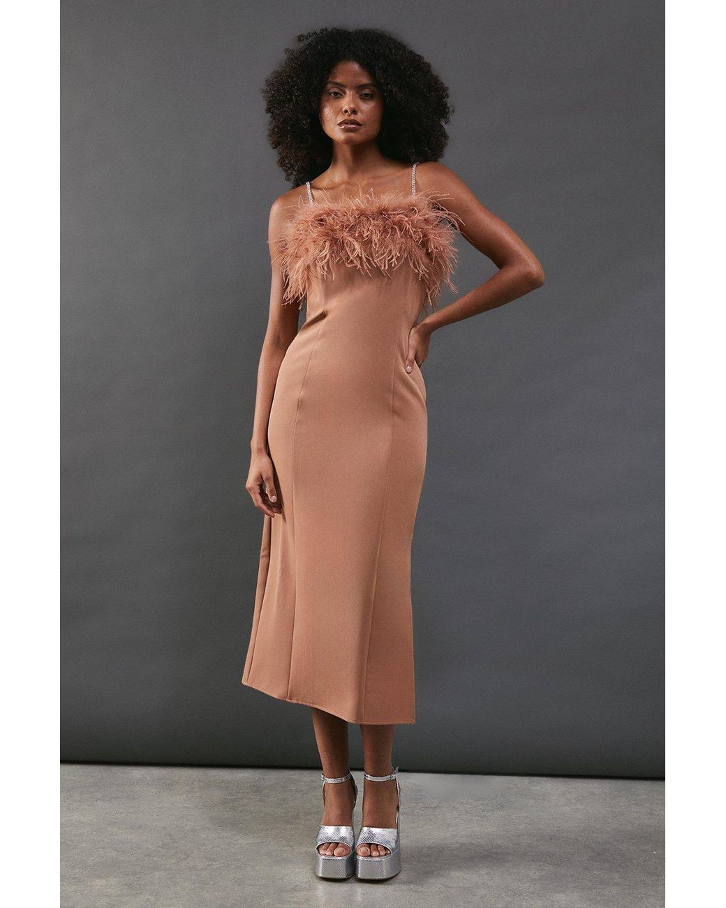 Warehouse Gray Feather Detail Diamante Strap Bandeau Midi Dress