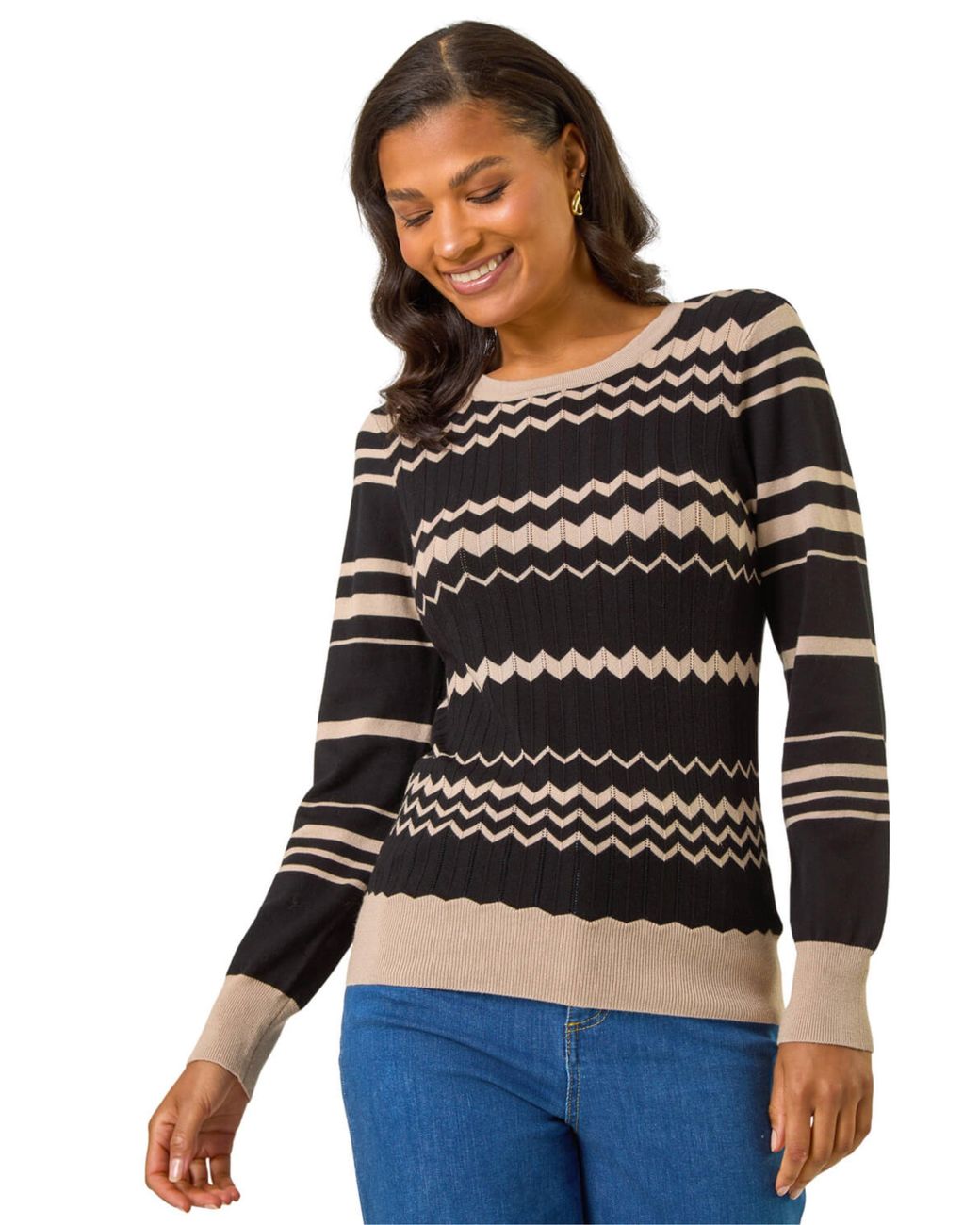 Roman Black Contrast Zig Zag Knitted Jumper