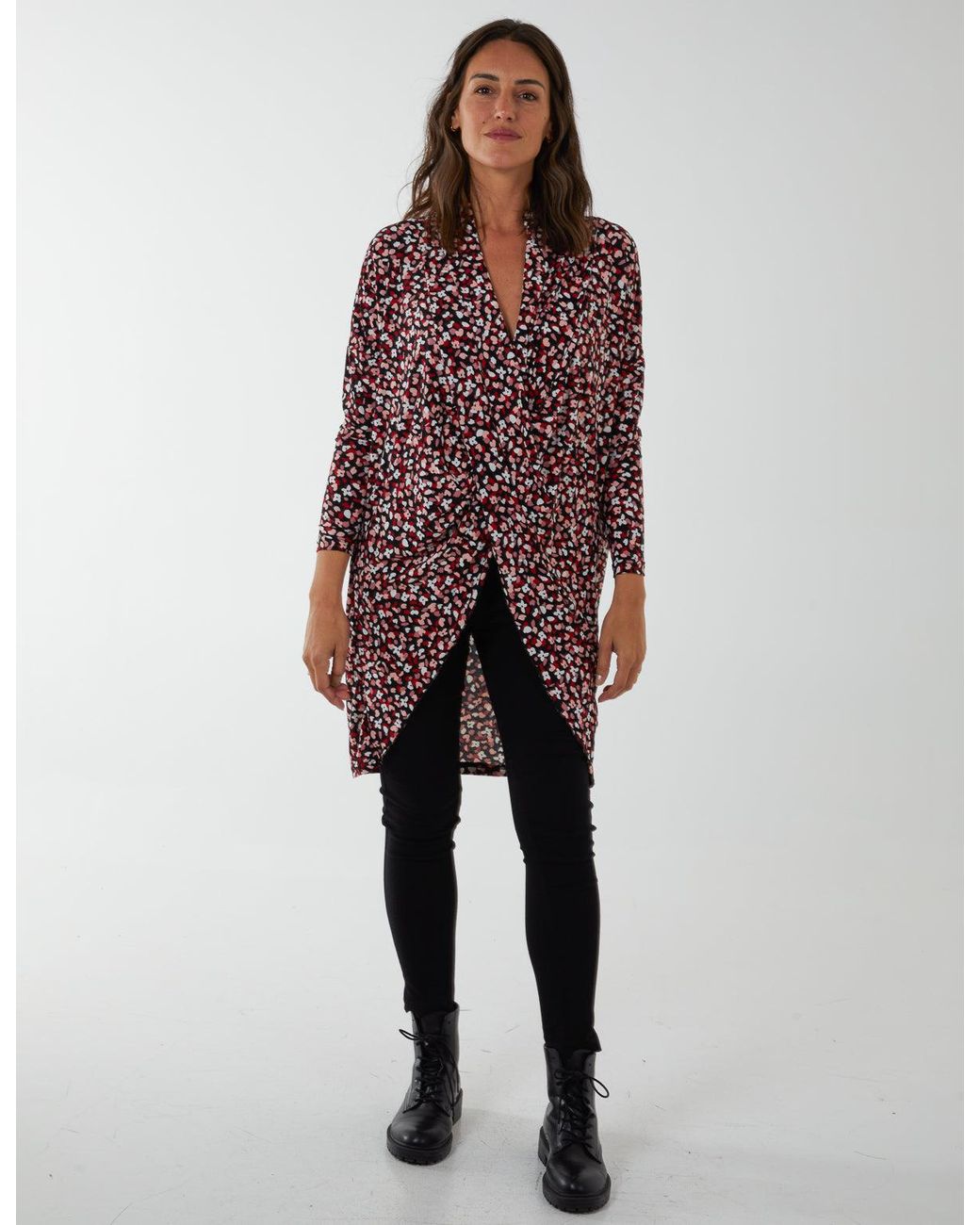 Blue Vanilla Red Draped Dip Hem Top