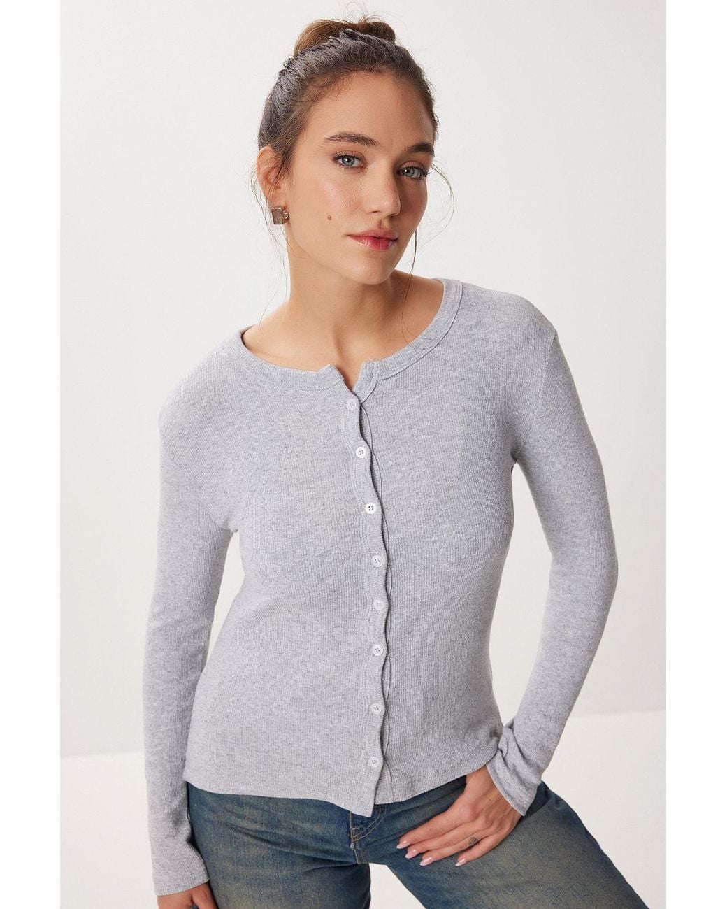 Happiness İstanbul Gray Slim Fit Ribbed Knit Cardigan