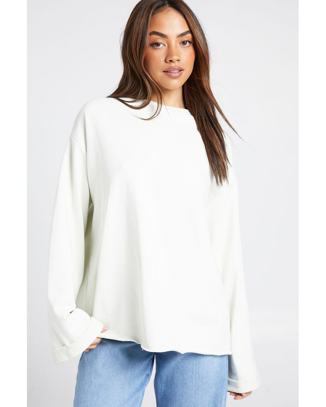 Boohoo White Washed Loopback Raw Hem Oversized Sweatshirt