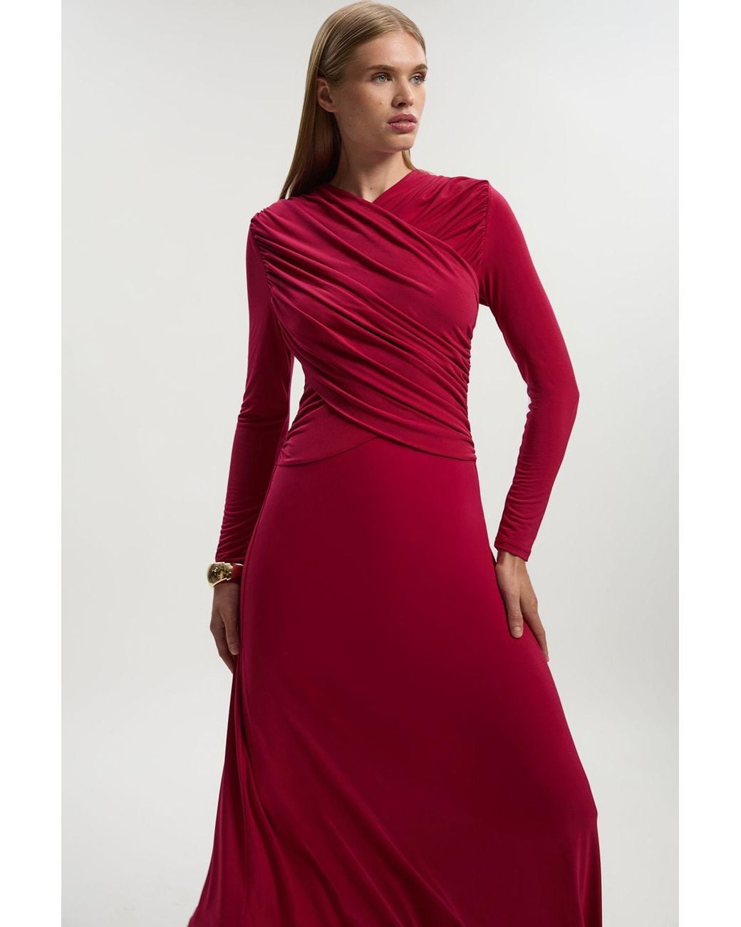 Karen Millen Red Ruched Jersey Crepe Maxi Dress