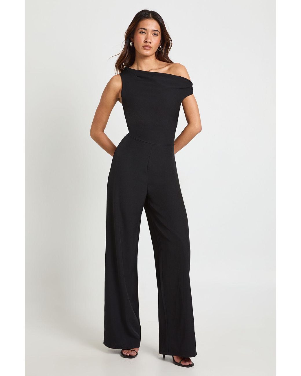 Boohoo Blue Linen Look Asymmetric Neck Line Wide Leg Jumpsuit
