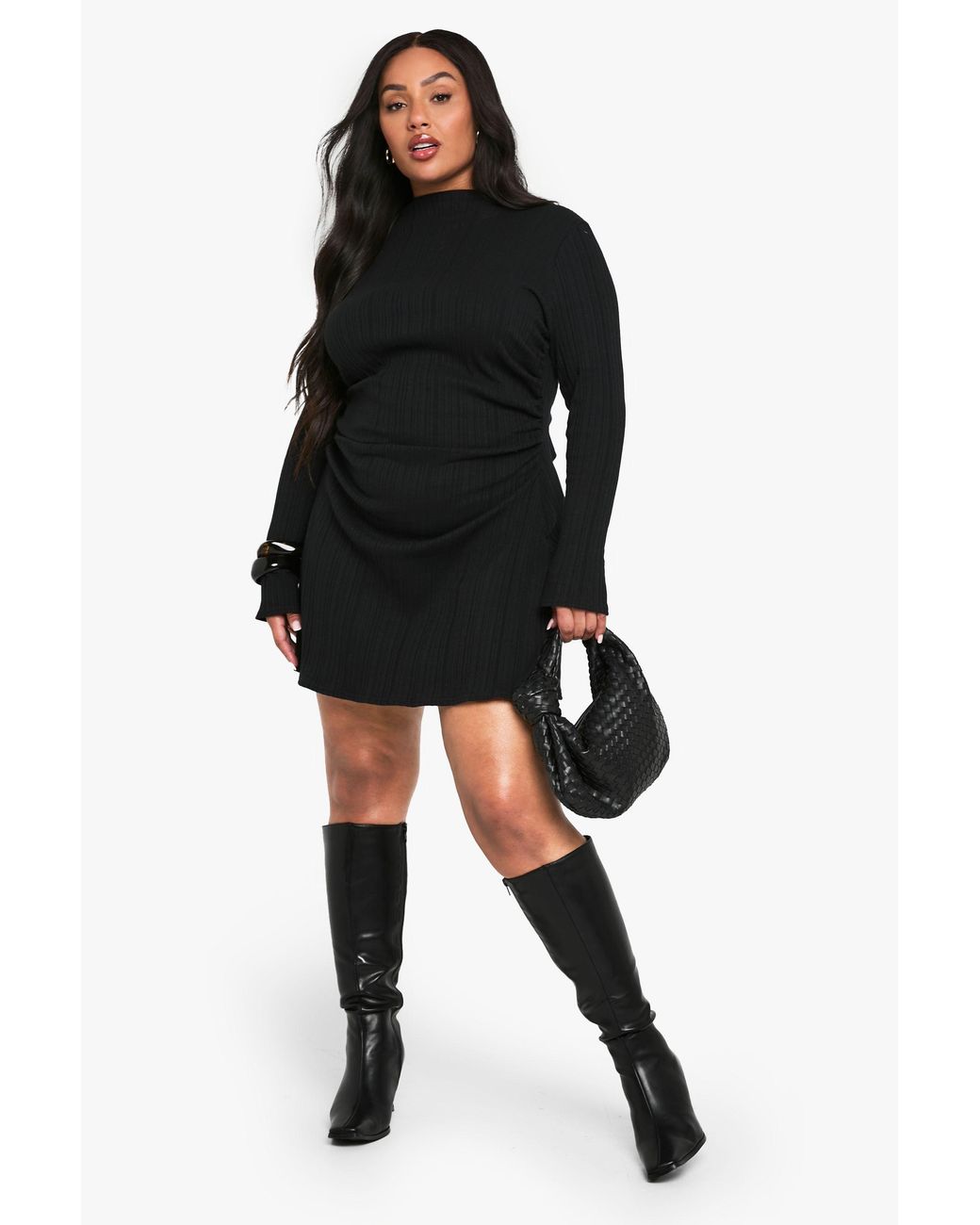 Boohoo Black Plus Long Sleeve Ruched Side High Neck Shift Dress