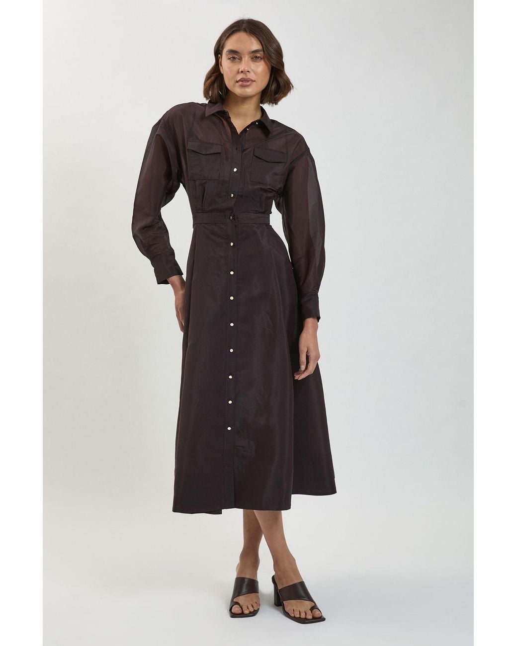 Karen Millen Black Petite Trim Detail Organdie Midi Shirt Dress