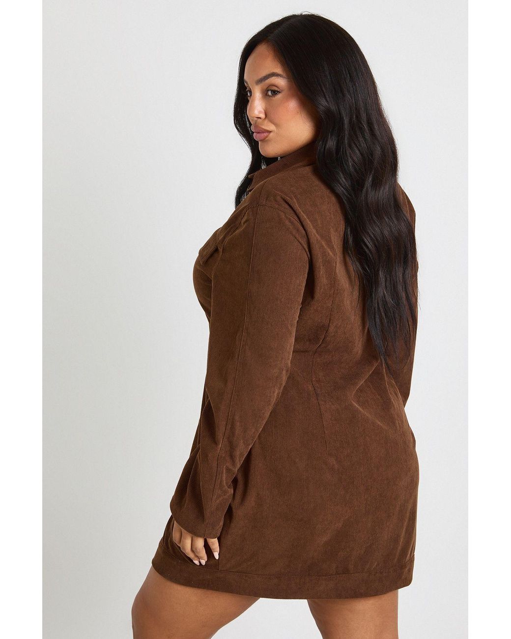 Boohoo Brown Plus Cord Cinched Waist Shirt Dress