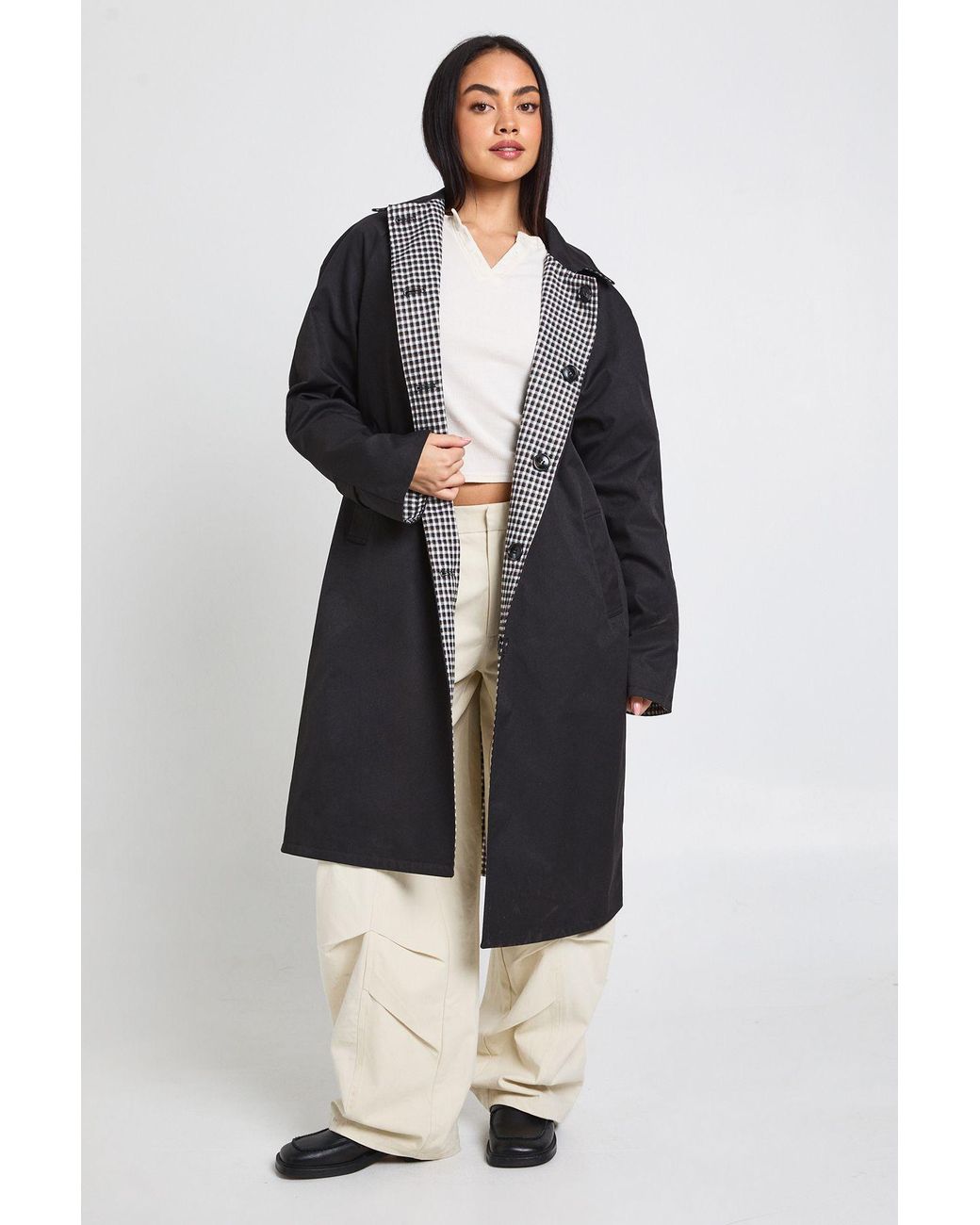 Boohoo Blue Checked Oversized Reversible Midi Trench Jacket