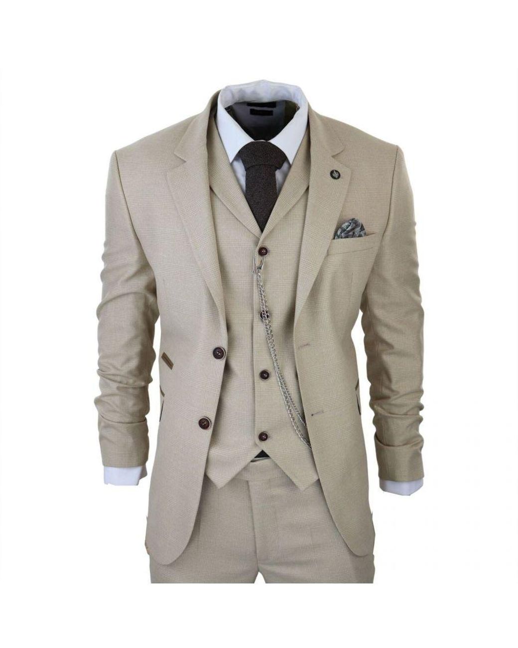 TruClothing Natural 3 Piece Prince Of Wales Check Suit for men