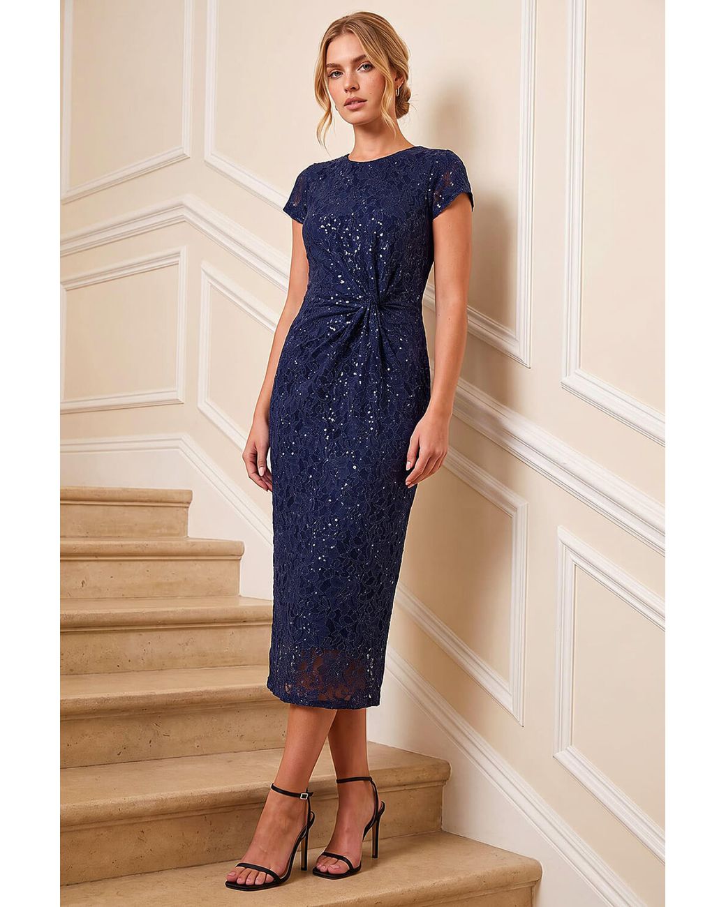 Roman Blue Sparkle Lace Twist Stretch Dress