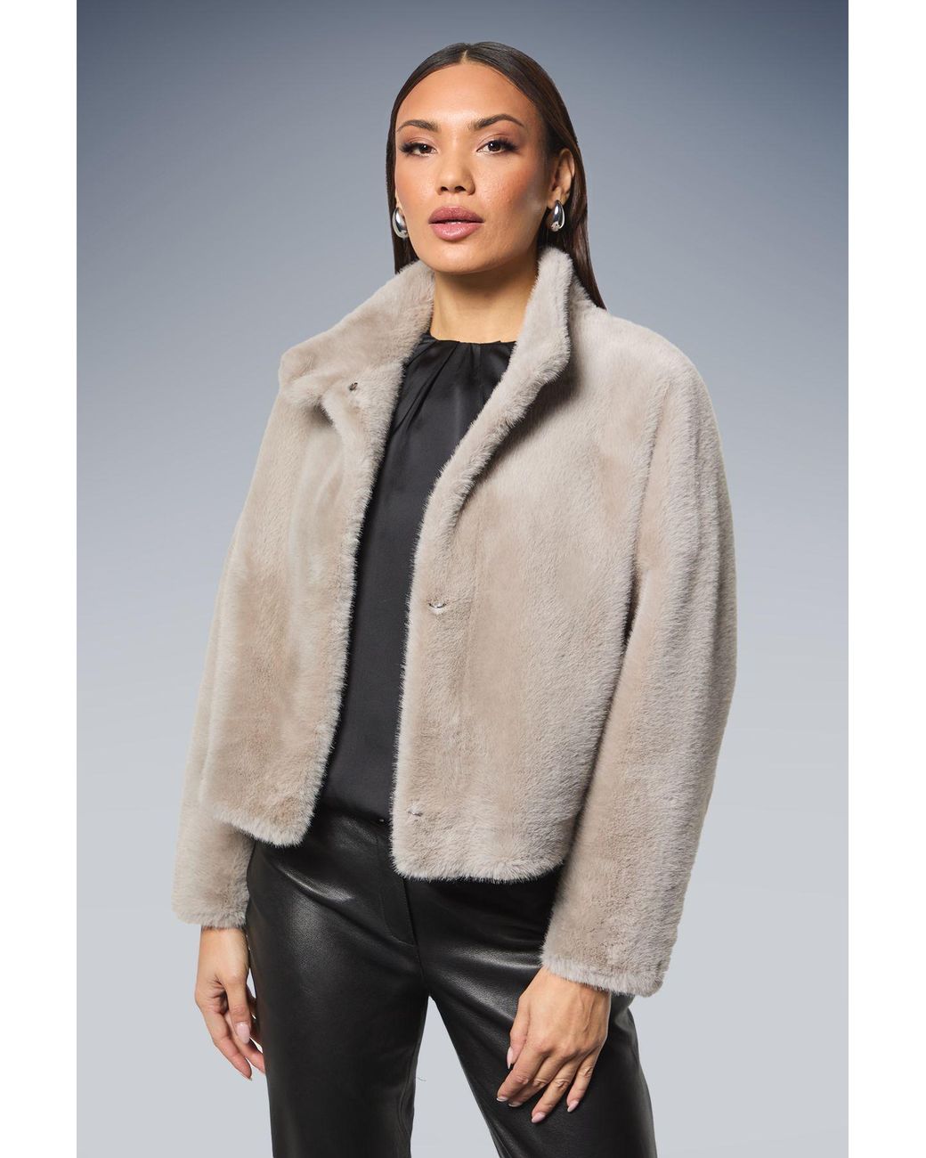 PRINCIPLES Gray Faux Fur Wrap Neck Short Coat