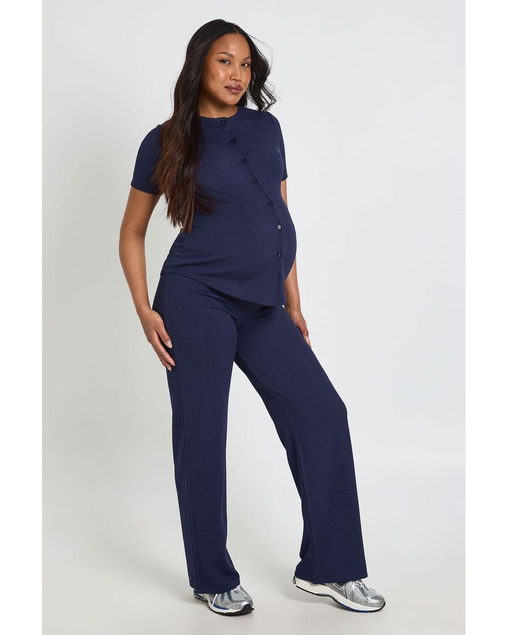 Boohoo Blue Maternity Soft Knit Button Cardigan & Wide Leg Trouser