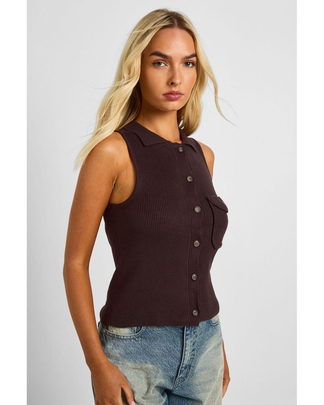 Boohoo Brown Premium Chunky Rib Pocket Detail Knitted Waistcoat