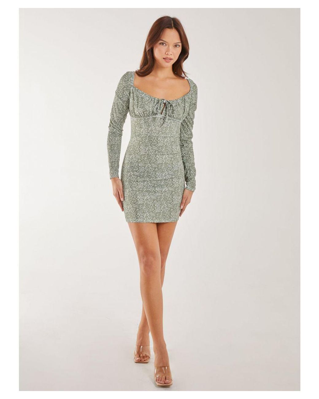 Pink Vanilla Gray Long Sleeve Ditsy Floral Dress