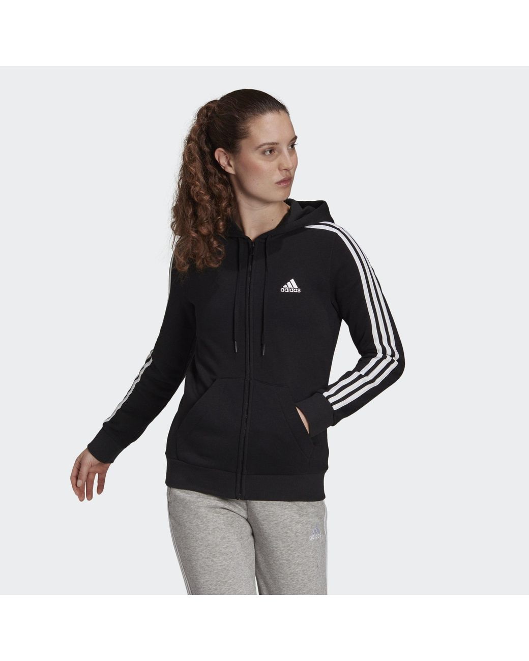 Adidas Black Essentials Fleece 3-Stripes Full-Zip Hoodie