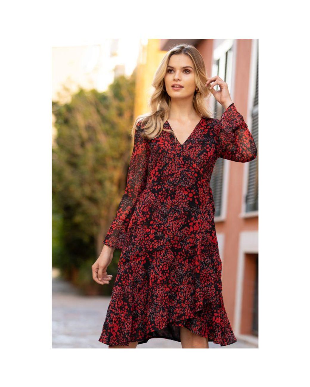 Sosandar Red Abstract Poppy Print Wrap Dress