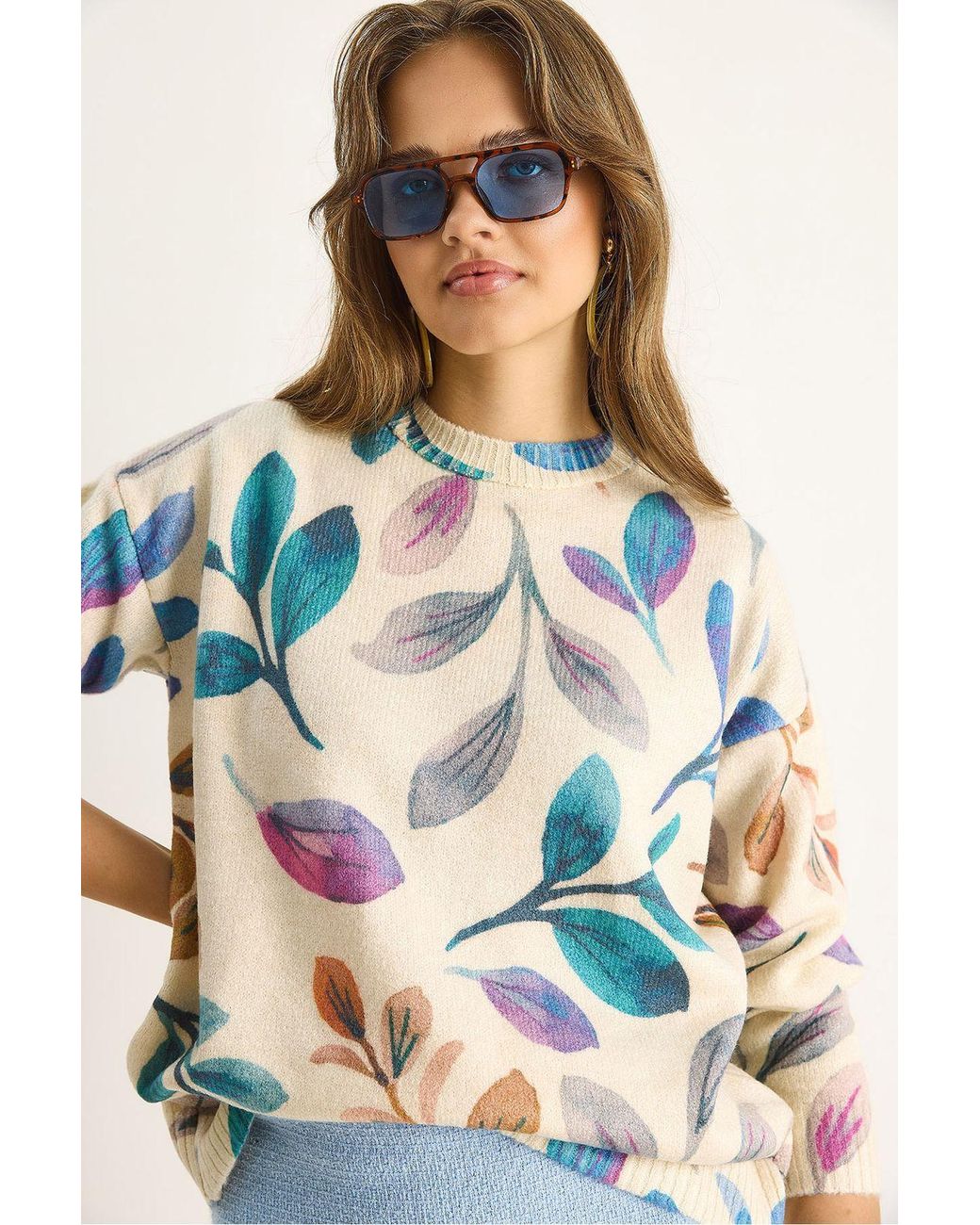 Bianco Lucci Blue Pattern Knit Sweater With Crew Neck