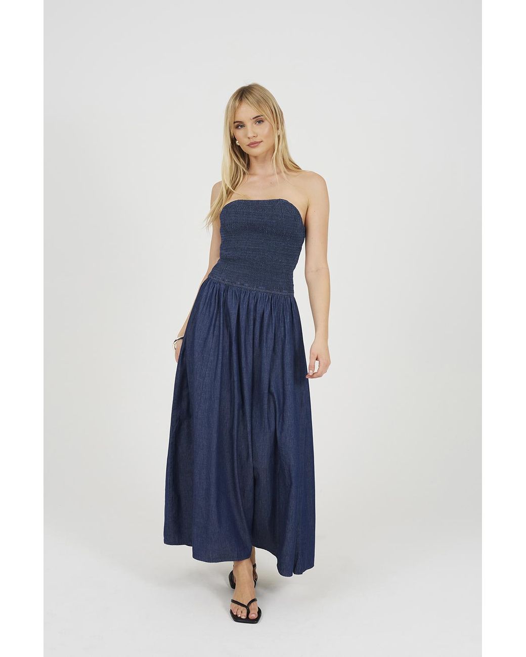 Brave Soul Blue Chambray Sleeveless Ruched Bodice Midi Dress