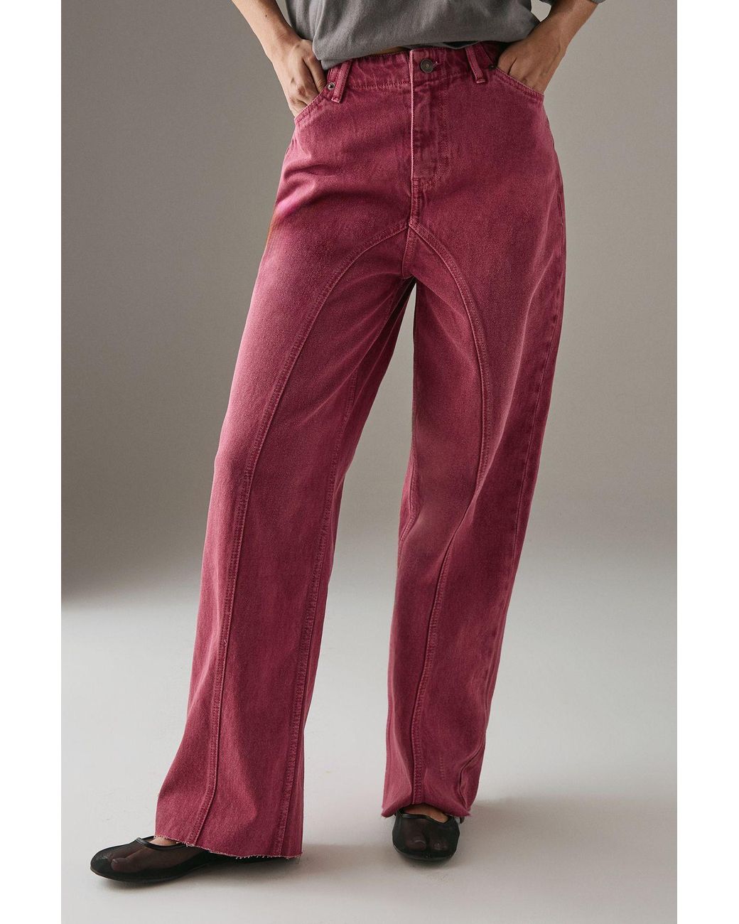 Warehouse Red Washed Raw Waist Seam Detail Denim Dad Jean