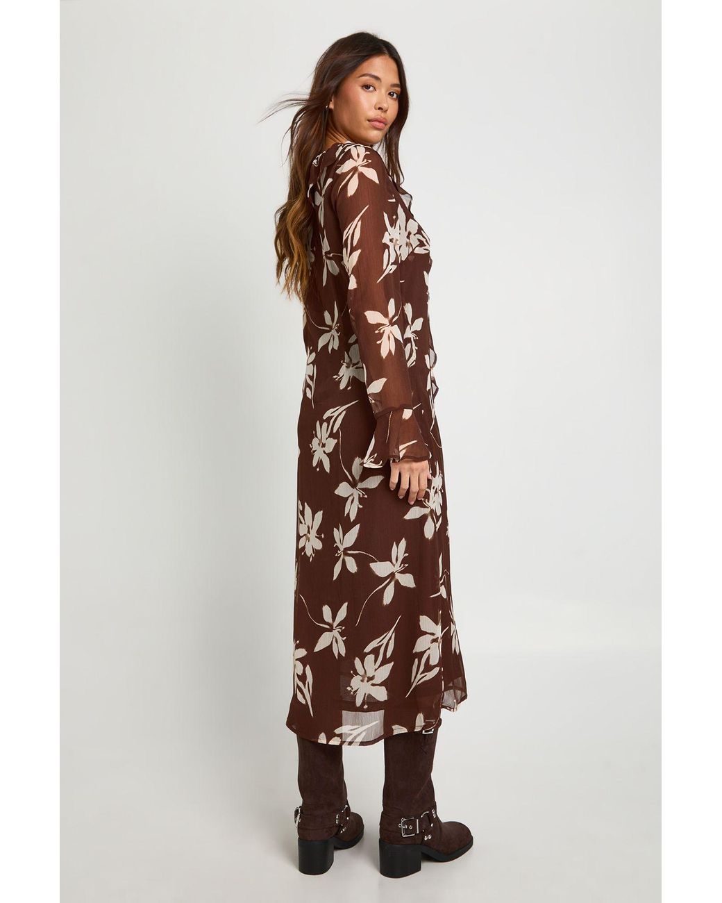 Boohoo Brown Floral Chiffon Midaxi Smock Dress