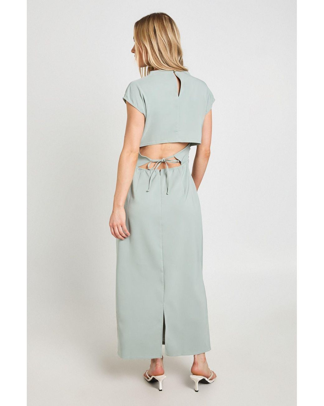 Boohoo Green Petite Ruched Waist Open Back Midaxi Dress