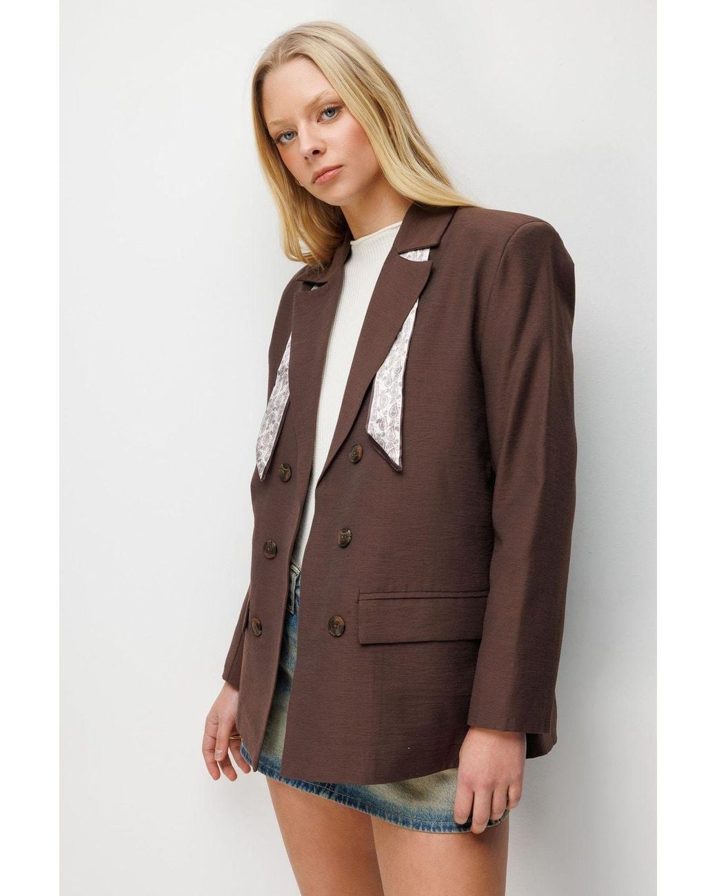 MixRay Brown Linen Blazer Jacket With Scarf Detail