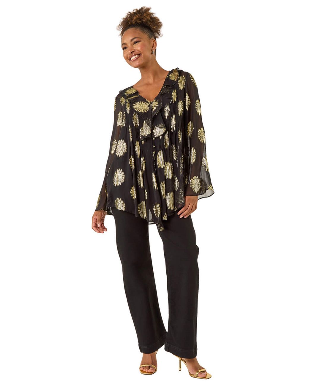 Roman Black Floral Jacquard Frill Buttoned Blouse
