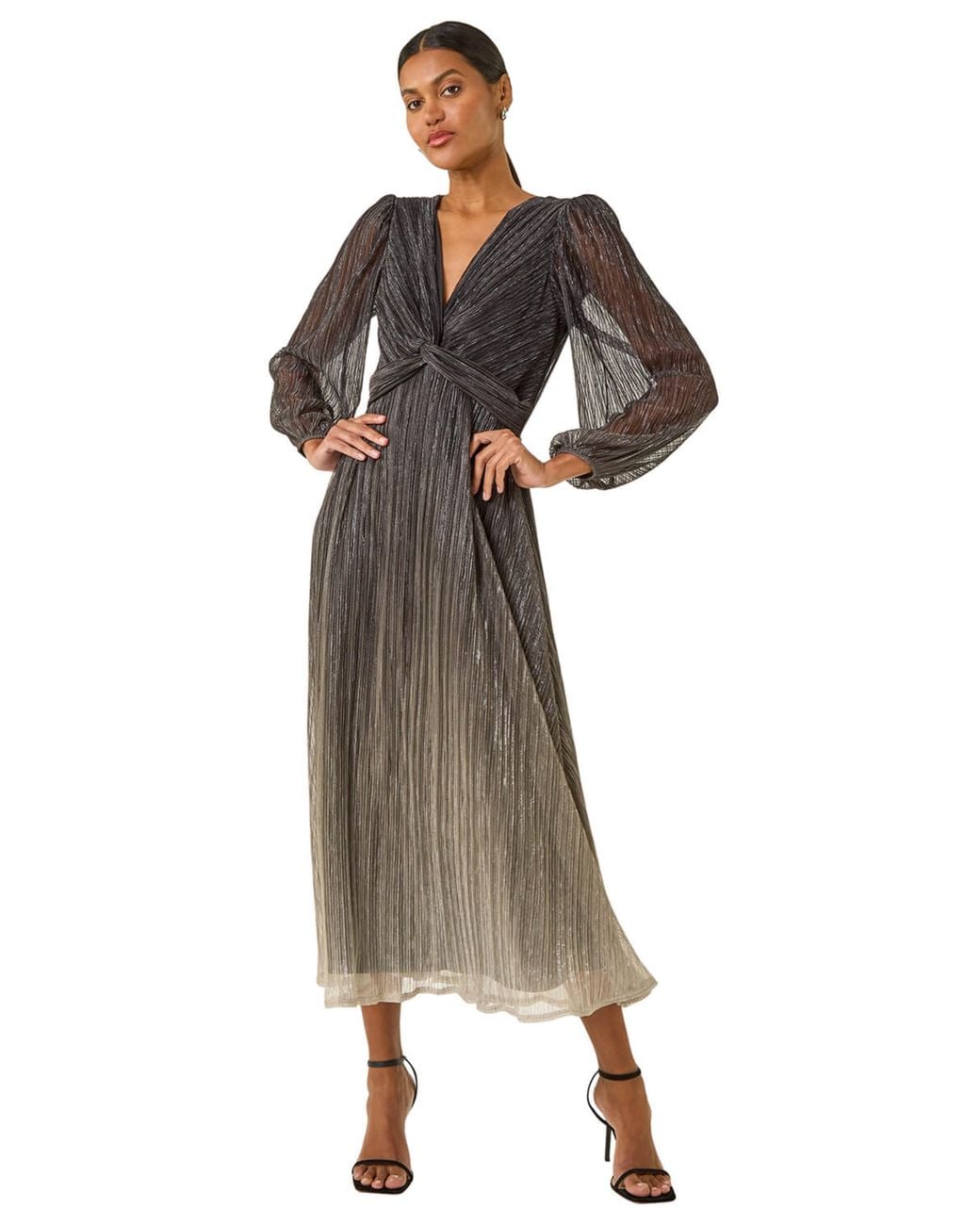 Roman Brown Ombre Plisse Twist Front Midi Dress